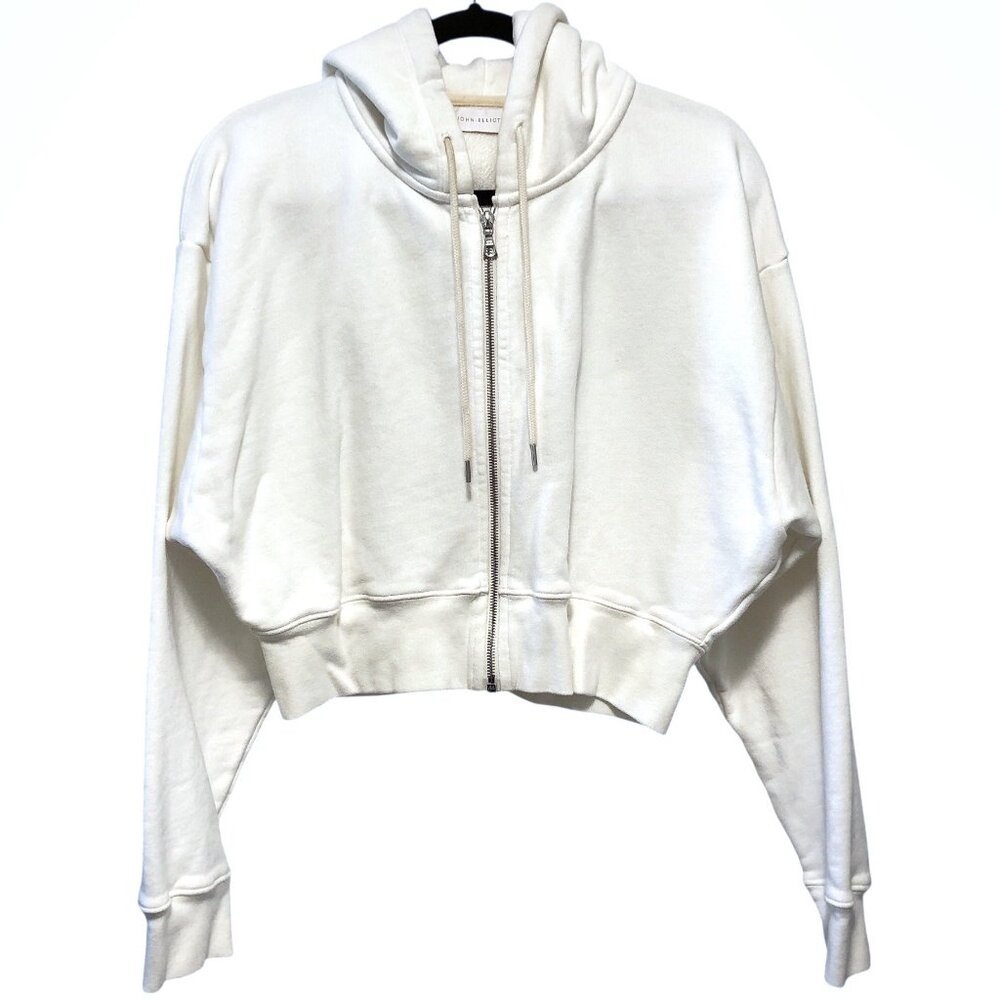 John Elliot Solid White Long Sleeve Zipped Cropped Hoodie 2